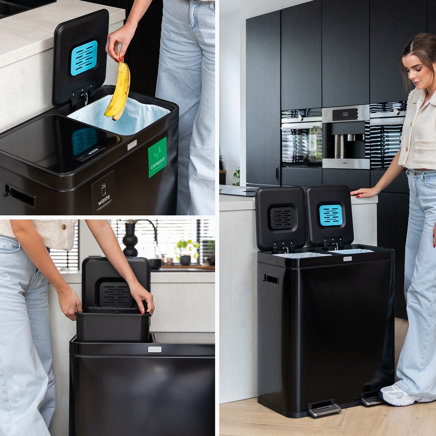 FreshAura Prullenbak 60L (2x30L) - Zwart