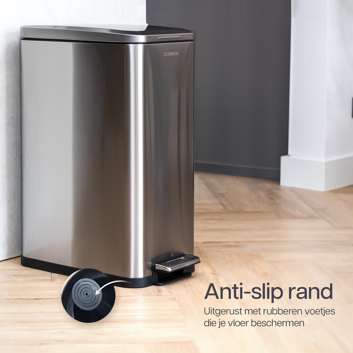Deleca Prullenbak Prestige - 50 Liter - Smal - RVS Vuilnisbak / Afvalemmer / Pedaalemmer - Met Voetpedaal en Slow Close - Mat Zilver