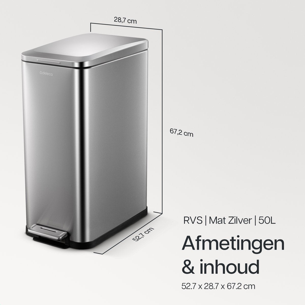 Deleca Prullenbak Prestige - 50 Liter - Smal - RVS Vuilnisbak / Afvalemmer / Pedaalemmer - Met Voetpedaal en Slow Close - Mat Zilver