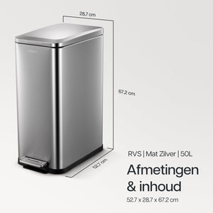 Deleca Prullenbak Prestige - 50 Liter - Smal - RVS Vuilnisbak / Afvalemmer / Pedaalemmer - Met Voetpedaal en Slow Close - Mat Zilver