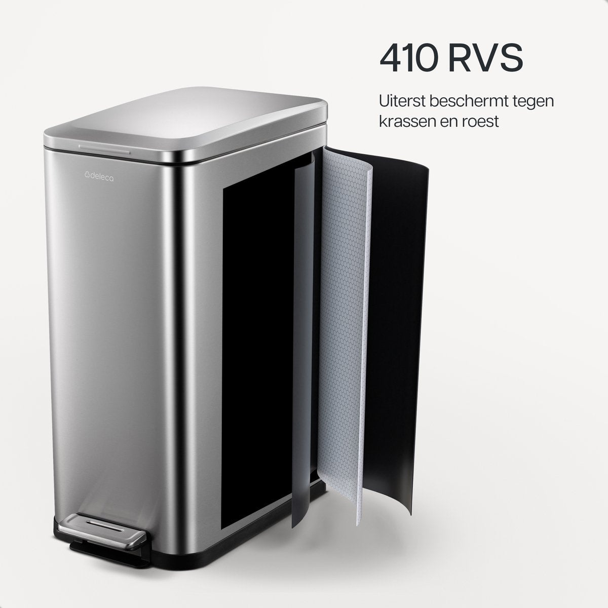 Deleca Prullenbak Prestige - 50 Liter - Smal - RVS Vuilnisbak / Afvalemmer / Pedaalemmer - Met Voetpedaal en Slow Close - Mat Zilver