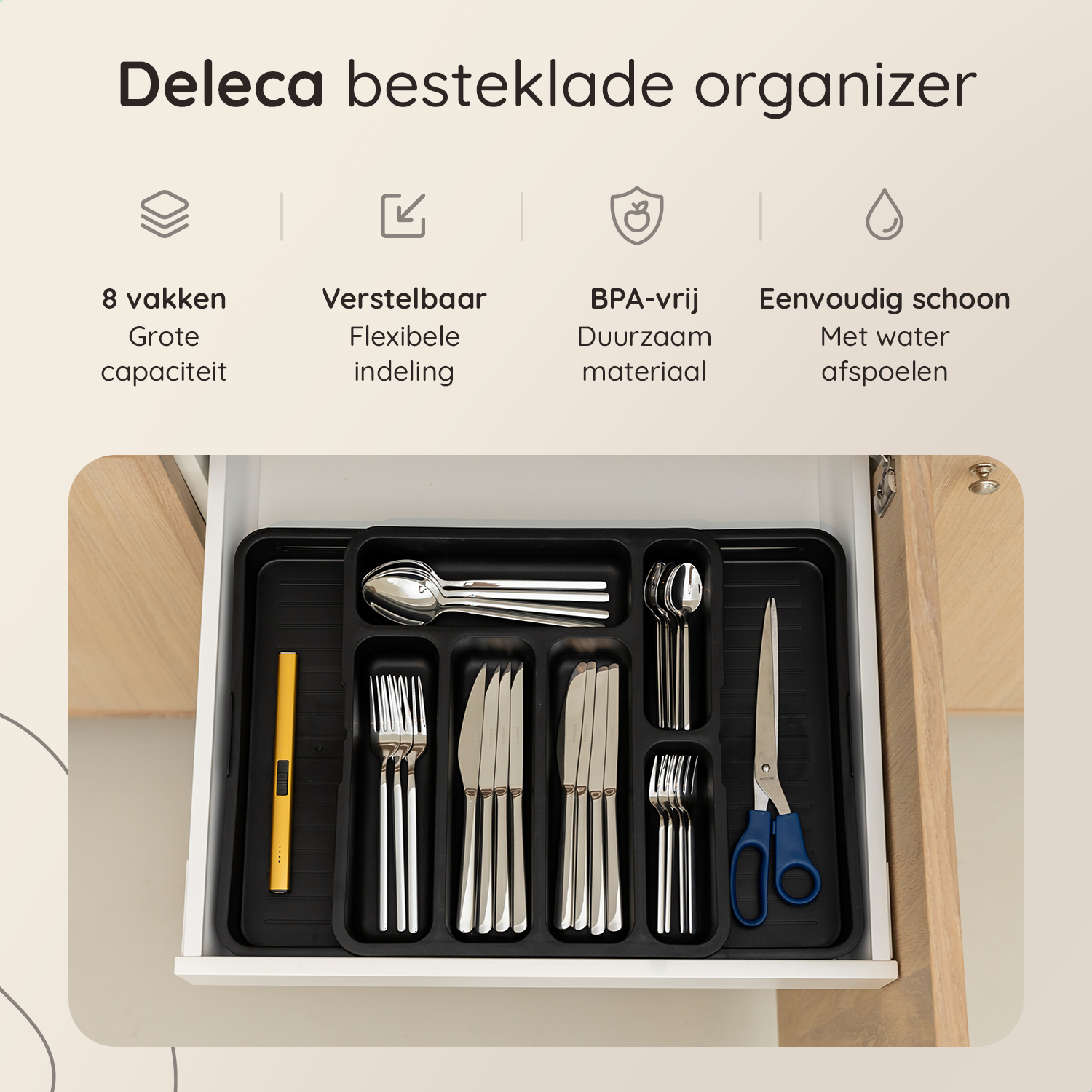 Uitschuifbaar Bestekbak met 8 Vakken - Zwart