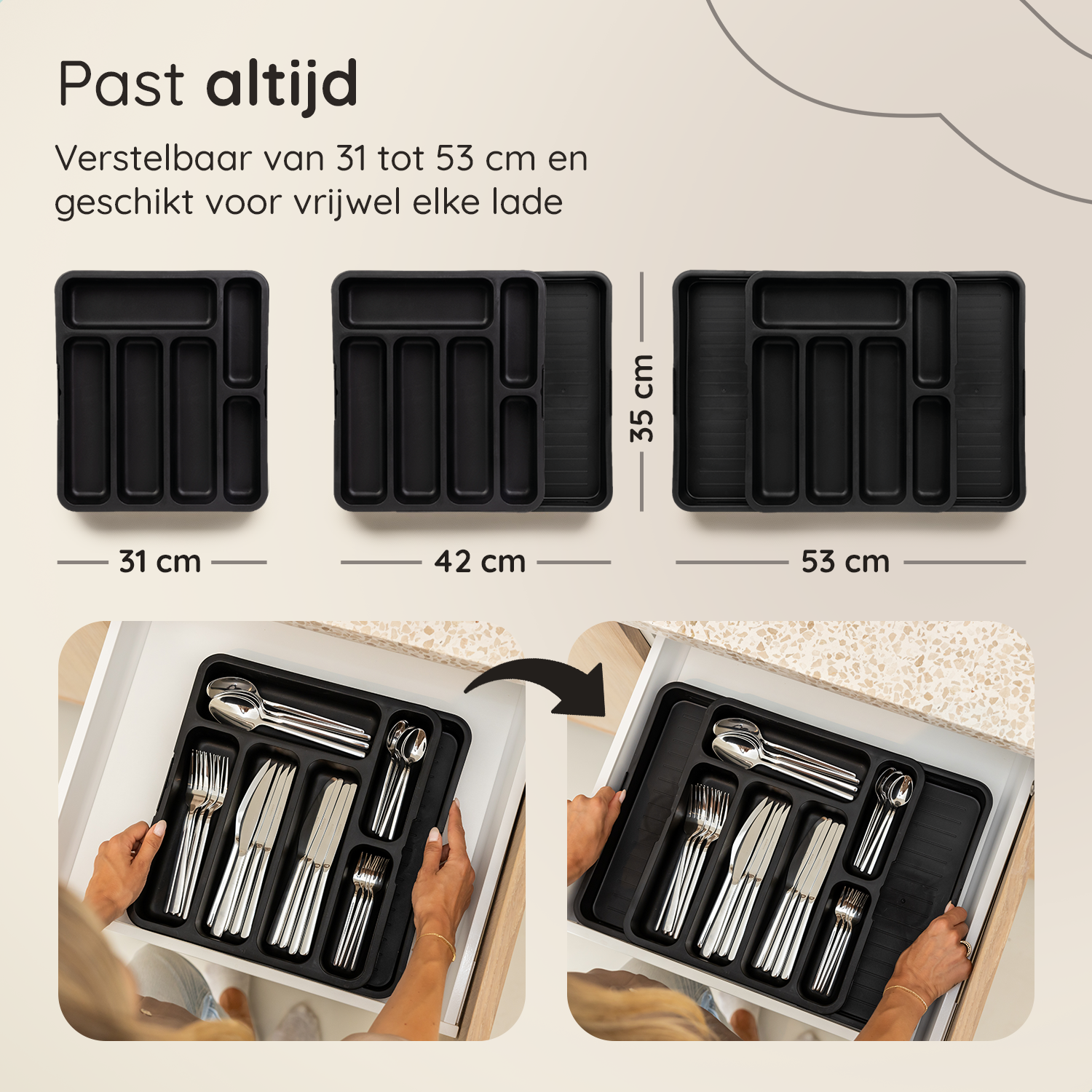 Uitschuifbaar Bestekbak met 8 Vakken - Zwart