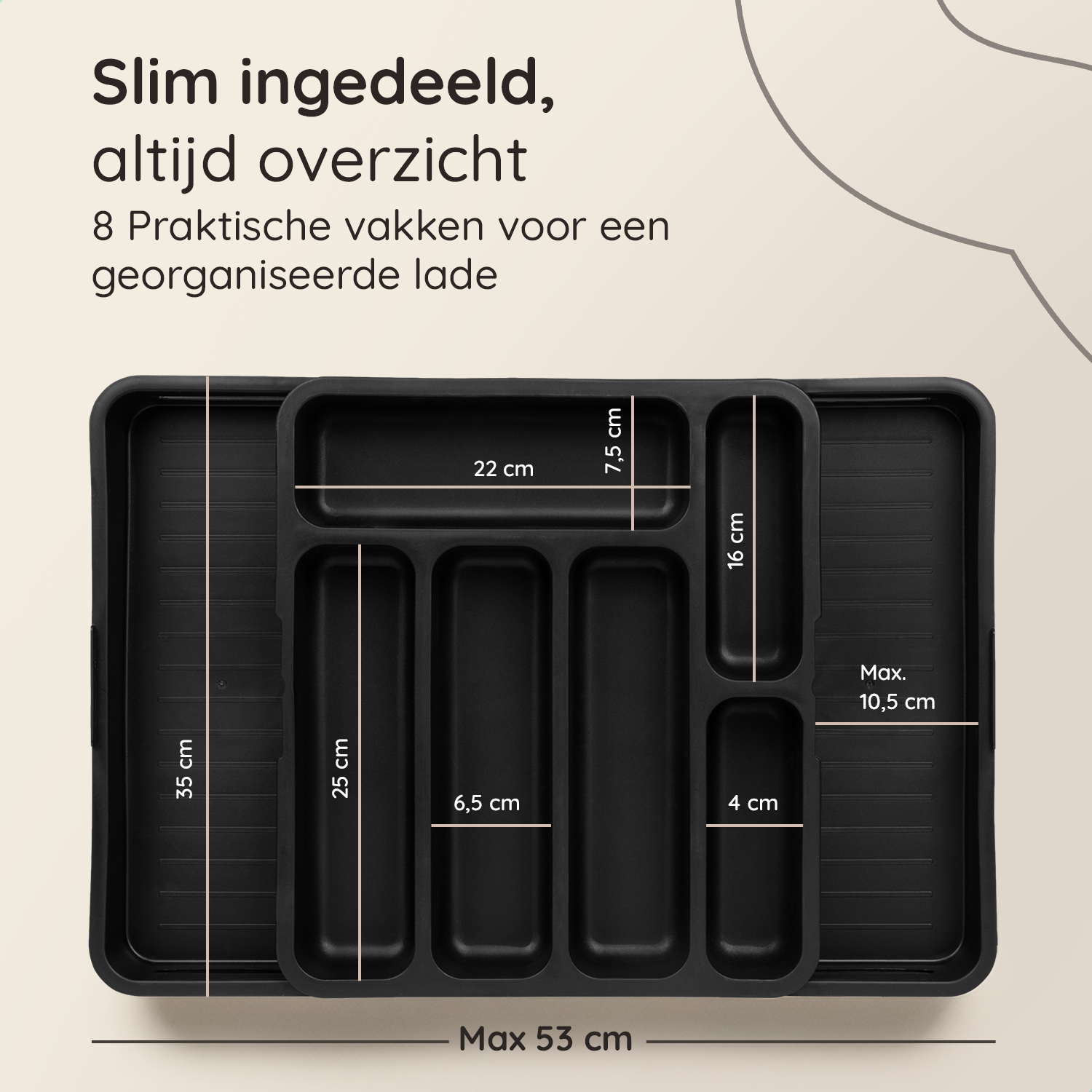 Uitschuifbaar Bestekbak met 8 Vakken - Zwart