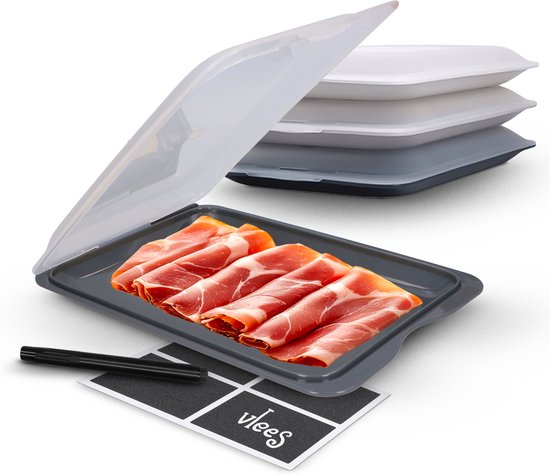 Deleca 4x Vleeswarendoos set voor koelkast - Stapelbaar - Vleeswarenbakjes / Kaasdoos Bewaardoos - Vershoudbakjes / Vershouddoos met Deksel - Incl. Krijtbordstickers om te labelen