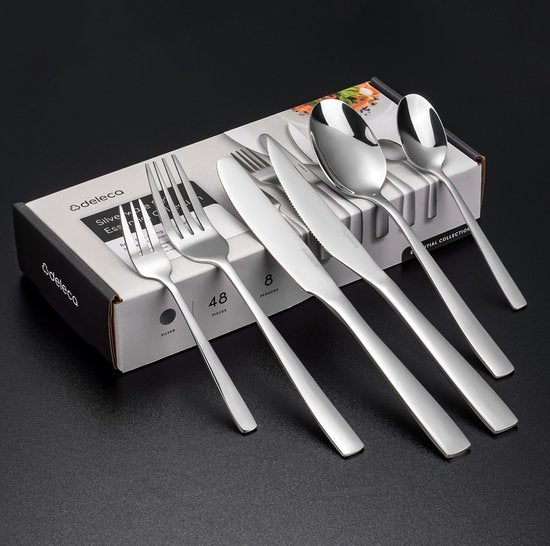 Deleca 8 Persoons Bestekset Essential (48-delig) - Lepels, Messen, Vorken, Steakmessen & Gebaksvorkjes - Vaatwasserbestendig Bestek - Glanzend Zilver / Edelstaal