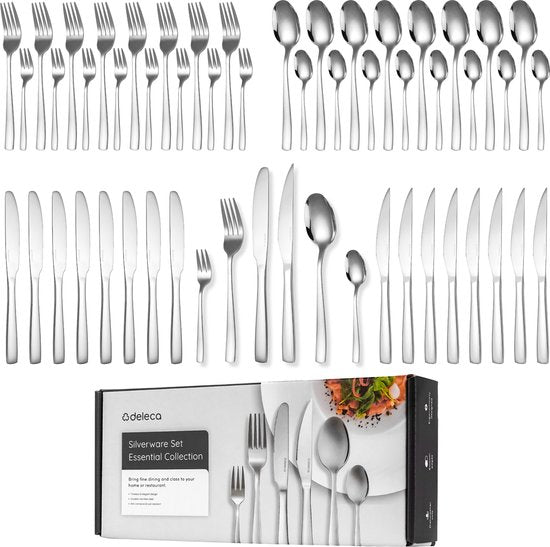 Deleca 8 Persoons Bestekset Essential (48-delig) - Lepels, Messen, Vorken, Steakmessen & Gebaksvorkjes - Vaatwasserbestendig Bestek - Glanzend Zilver / Edelstaal