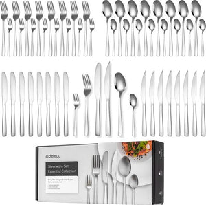 Deleca 8 Persoons Bestekset Essential (48-delig) - Lepels, Messen, Vorken, Steakmessen & Gebaksvorkjes - Vaatwasserbestendig Bestek - Glanzend Zilver / Edelstaal