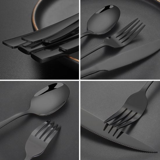 Deleca 8 Persoons Bestekset Essential (48-delig) - Lepels, Messen, Vorken, Steakmessen & Gebaksvorkjes - Vaatwasserbestendig Bestek - Glanzend Zwart / Edelstaal