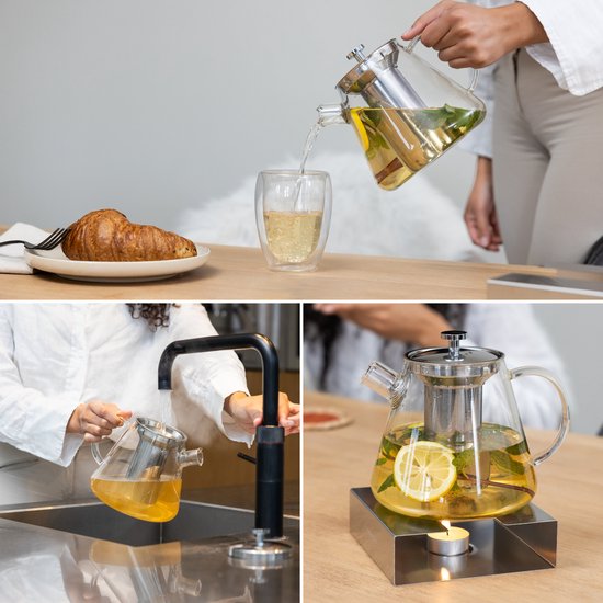 Deleca Glazen Theepot Set Clarity - Met RVS Filter en Theelicht Warmhouder - Voor Losse Thee / Theebloemen - Kerst Cadeau - Borosilicaat Glas / 1.5L