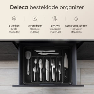 Deleca Uitschuifbaar Bestekbak met 8 Vakken - Besteklade Organizer - Keukenlade Bestek Organiser - Bestekhouder Keuken - 57 x 38 cm - Kunststof / Zwart