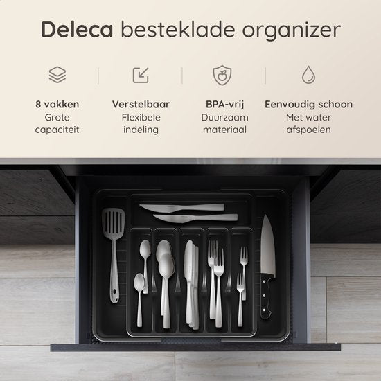 Deleca Uitschuifbaar Bestekbak met 8 Vakken - Besteklade Organizer - Keukenlade Bestek Organiser - Bestekhouder Keuken - 57 x 38 cm - Kunststof / Zwart