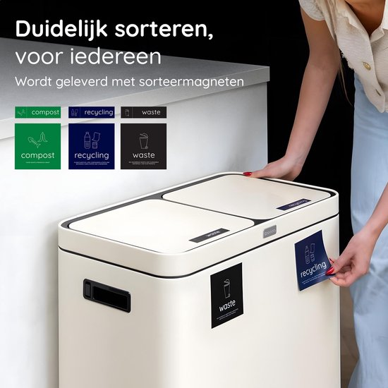 Deleca Recycle Prullenbak met 2 Vakken - 60 Liter (2x30) Afvalbak - Afvalscheiding / Statiegeld container / Pedaalemmer - Vuilnisbak met FreshAura Geurbestrijding - Slow Close - RVS Crème Wit