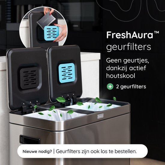 Deleca Recycle Prullenbak met 2 Vakken - 60 Liter (2x30) Afvalbak - Afvalscheiding / Statiegeld container / Pedaalemmer - Vuilnisbak met FreshAura Geurbestrijding - Slow Close - RVS Zilver