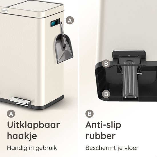 Deleca Recycle Prullenbak met 2 Vakken - 60 Liter (2x30) Afvalbak - Afvalscheiding / Statiegeld container / Pedaalemmer - Vuilnisbak met FreshAura Geurbestrijding - Slow Close - RVS Crème Wit