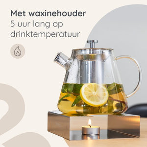 Deleca Glazen Theepot Set Clarity - Met RVS Filter en Theelicht Warmhouder - Voor Losse Thee / Theebloemen - Kerst Cadeau - Borosilicaat Glas / 1.5L