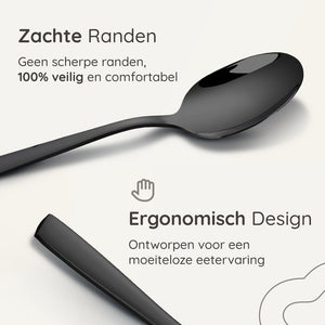 Deleca 8 Persoons Bestekset Essential (48-delig) - Lepels, Messen, Vorken, Steakmessen & Gebaksvorkjes - Vaatwasserbestendig Bestek - Glanzend Zwart / Edelstaal