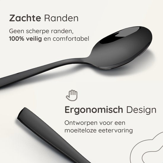 Deleca 8 Persoons Bestekset Essential (48-delig) - Lepels, Messen, Vorken, Steakmessen & Gebaksvorkjes - Vaatwasserbestendig Bestek - Glanzend Zwart / Edelstaal
