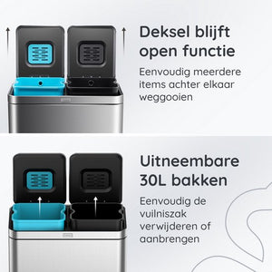Deleca Recycle Prullenbak met 2 Vakken - 60 Liter (2x30) Afvalbak - Afvalscheiding / Statiegeld container / Pedaalemmer - Vuilnisbak met FreshAura Geurbestrijding - Slow Close - RVS Zilver
