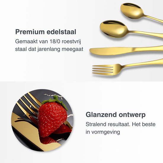 Deleca 6 Persoons Bestekset Harmony - Lepels, Messen, Vorken, Steakmessen & Gebaksvorkjes - Vaatwasserbestendig Bestek - Goud / Edelstaal