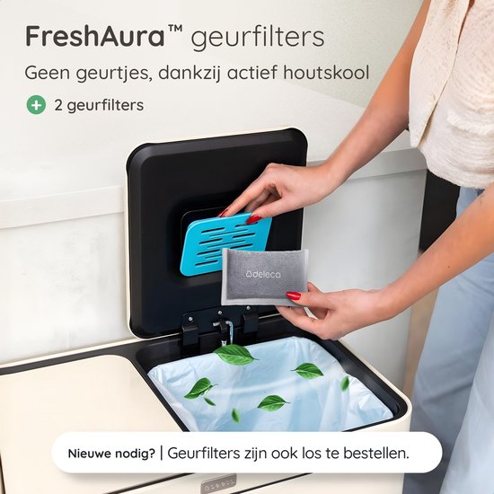 Deleca Recycle Prullenbak met 2 Vakken - 60 Liter (2x30) Afvalbak - Afvalscheiding / Statiegeld container / Pedaalemmer - Vuilnisbak met FreshAura Geurbestrijding - Slow Close - RVS Crème Wit