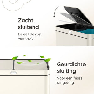 Deleca Recycle Prullenbak met 2 Vakken - 60 Liter (2x30) Afvalbak - Afvalscheiding / Statiegeld container / Pedaalemmer - Vuilnisbak met FreshAura Geurbestrijding - Slow Close - RVS Crème Wit