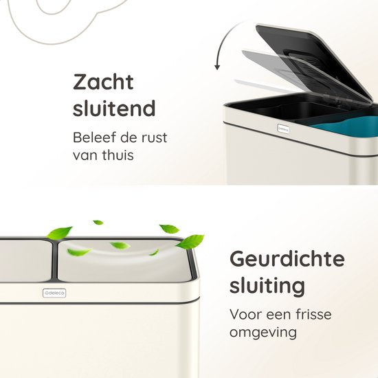 Deleca Recycle Prullenbak met 2 Vakken - 60 Liter (2x30) Afvalbak - Afvalscheiding / Statiegeld container / Pedaalemmer - Vuilnisbak met FreshAura Geurbestrijding - Slow Close - RVS Crème Wit