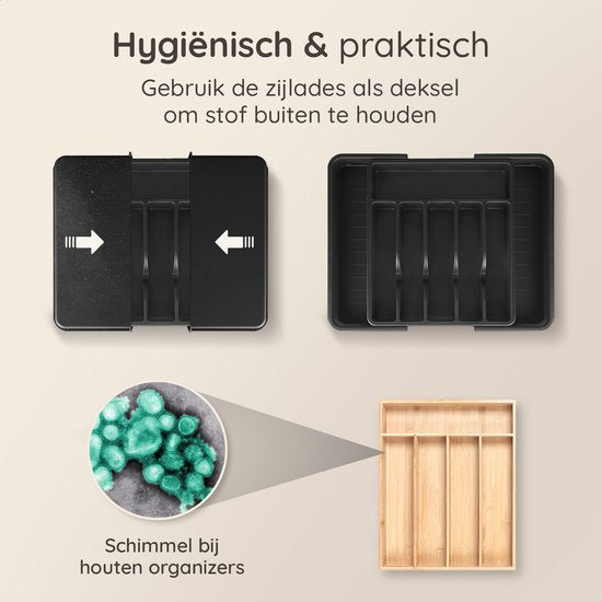 Deleca Uitschuifbaar Bestekbak met 8 Vakken - Besteklade Organizer - Keukenlade Bestek Organiser - Bestekhouder Keuken - 57 x 38 cm - Kunststof / Zwart