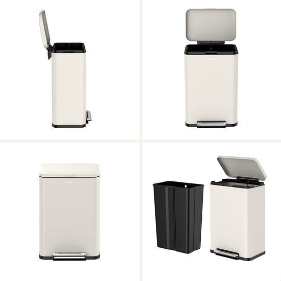 Deleca Prullenbak Prestige - 50 Liter - Breed - RVS Vuilnisbak / Afvalemmer / Pedaalemmer - Met Voetpedaal en Slow Close - Crème wit