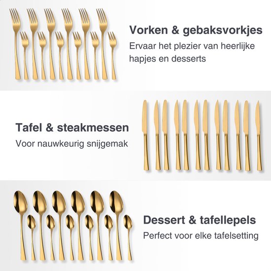 Deleca 6 Persoons Bestekset Harmony - Lepels, Messen, Vorken, Steakmessen & Gebaksvorkjes - Vaatwasserbestendig Bestek - Goud / Edelstaal