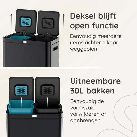 Deleca Recycle Prullenbak met 2 Vakken - 60 Liter (2x30) Afvalbak - Afvalscheiding / Statiegeld container / Pedaalemmer - Vuilnisbak met FreshAura Geurbestrijding - Slow Close - RVS Zwart