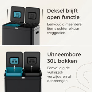 Deleca Recycle Prullenbak met 2 Vakken - 60 Liter (2x30) Afvalbak - Afvalscheiding / Statiegeld container / Pedaalemmer - Vuilnisbak met FreshAura Geurbestrijding - Slow Close - RVS Zwart