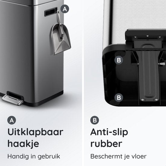 Deleca Recycle Prullenbak met 2 Vakken - 60 Liter (2x30) Afvalbak - Afvalscheiding / Statiegeld container / Pedaalemmer - Vuilnisbak met FreshAura Geurbestrijding - Slow Close - RVS Zilver