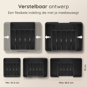 Deleca Uitschuifbaar Bestekbak met 8 Vakken - Besteklade Organizer - Keukenlade Bestek Organiser - Bestekhouder Keuken - 57 x 38 cm - Kunststof / Zwart