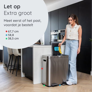 Deleca Recycle Prullenbak met 2 Vakken - 60 Liter (2x30) Afvalbak - Afvalscheiding / Statiegeld container / Pedaalemmer - Vuilnisbak met FreshAura Geurbestrijding - Slow Close - RVS Zilver