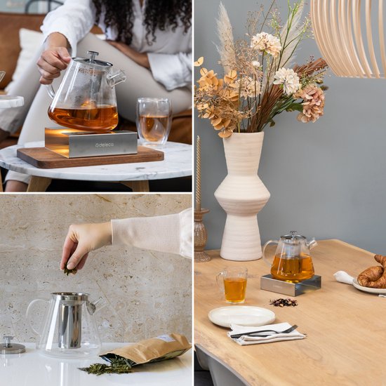 Deleca Glazen Theepot Set Clarity - Met RVS Filter en Theelicht Warmhouder - Voor Losse Thee / Theebloemen - Kerst Cadeau - Borosilicaat Glas / 1.5L