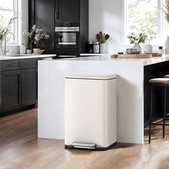 Deleca Prullenbak Prestige - 50 Liter - Breed - RVS Vuilnisbak / Afvalemmer / Pedaalemmer - Met Voetpedaal en Slow Close - Crème wit