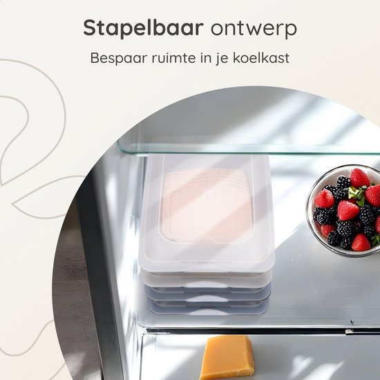 Deleca 4x Vleeswarendoos set voor koelkast - Stapelbaar - Vleeswarenbakjes / Kaasdoos Bewaardoos - Vershoudbakjes / Vershouddoos met Deksel - Incl. Krijtbordstickers om te labelen