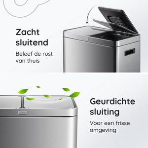Deleca Recycle Prullenbak met 2 Vakken - 60 Liter (2x30) Afvalbak - Afvalscheiding / Statiegeld container / Pedaalemmer - Vuilnisbak met FreshAura Geurbestrijding - Slow Close - RVS Zilver