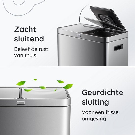 Deleca Recycle Prullenbak met 2 Vakken - 60 Liter (2x30) Afvalbak - Afvalscheiding / Statiegeld container / Pedaalemmer - Vuilnisbak met FreshAura Geurbestrijding - Slow Close - RVS Zilver