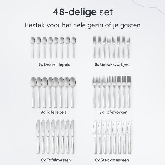 Deleca 8 Persoons Bestekset Essential (48-delig) - Lepels, Messen, Vorken, Steakmessen & Gebaksvorkjes - Vaatwasserbestendig Bestek - Glanzend Zilver / Edelstaal