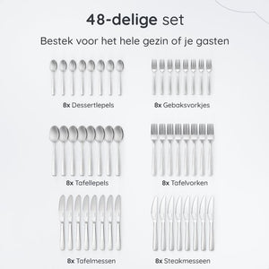 Deleca 8 Persoons Bestekset Essential (48-delig) - Lepels, Messen, Vorken, Steakmessen & Gebaksvorkjes - Vaatwasserbestendig Bestek - Glanzend Zilver / Edelstaal