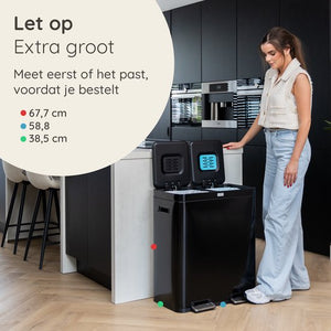 Deleca Recycle Prullenbak met 2 Vakken - 60 Liter (2x30) Afvalbak - Afvalscheiding / Statiegeld container / Pedaalemmer - Vuilnisbak met FreshAura Geurbestrijding - Slow Close - RVS Zwart