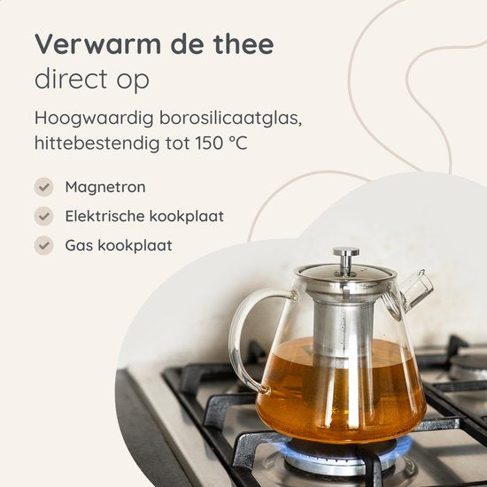 Deleca Glazen Theepot Set Clarity - Met RVS Filter en Theelicht Warmhouder - Voor Losse Thee / Theebloemen - Kerst Cadeau - Borosilicaat Glas / 1.5L
