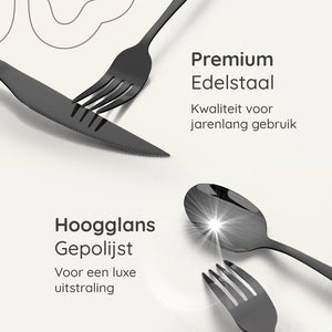 Deleca 8 Persoons Bestekset Essential (48-delig) - Lepels, Messen, Vorken, Steakmessen & Gebaksvorkjes - Vaatwasserbestendig Bestek - Glanzend Zwart / Edelstaal