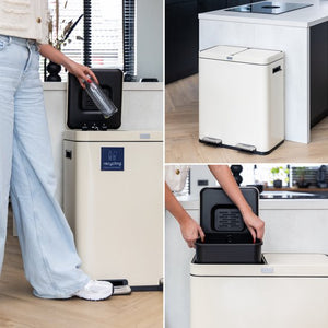 Deleca Recycle Prullenbak met 2 Vakken - 60 Liter (2x30) Afvalbak - Afvalscheiding / Statiegeld container / Pedaalemmer - Vuilnisbak met FreshAura Geurbestrijding - Slow Close - RVS Crème Wit