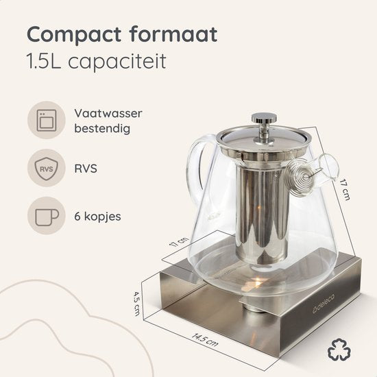 Deleca Glazen Theepot Set Clarity - Met RVS Filter en Theelicht Warmhouder - Voor Losse Thee / Theebloemen - Kerst Cadeau - Borosilicaat Glas / 1.5L