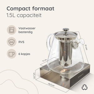 Deleca Glazen Theepot Set Clarity - Met RVS Filter en Theelicht Warmhouder - Voor Losse Thee / Theebloemen - Kerst Cadeau - Borosilicaat Glas / 1.5L