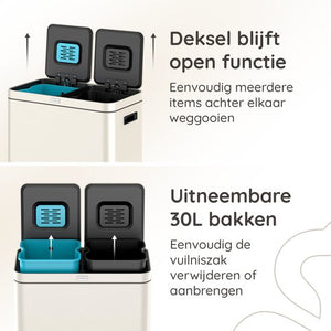 Deleca Recycle Prullenbak met 2 Vakken - 60 Liter (2x30) Afvalbak - Afvalscheiding / Statiegeld container / Pedaalemmer - Vuilnisbak met FreshAura Geurbestrijding - Slow Close - RVS Crème Wit