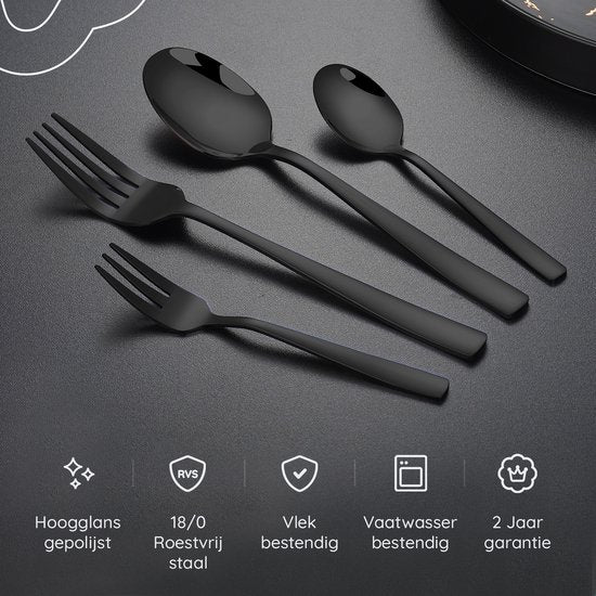 Deleca 12 Persoons Bestekset Essential (72-delig) - Lepels, Messen, Vorken, Steakmessen & Gebaksvorkjes - Vaatwasserbestendig Bestek - Glanzend Zwart / Edelstaal